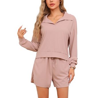 Women's Waffle Knit Pajamas Matching Outfits Long Sleeve Top and Shorts 2 pc Lounge Sets