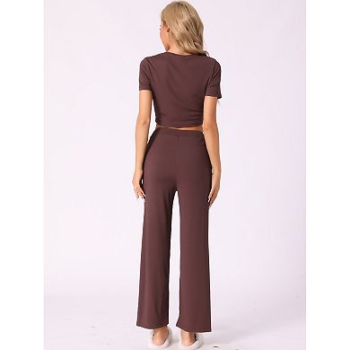 Womens Pajama Ribbed Knit 2 Piece Short Sleeve Crop Top with Pants Casual Outfits Lounge Sets