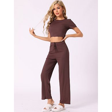 Womens Pajama Ribbed Knit 2 Piece Short Sleeve Crop Top with Pants Casual Outfits Lounge Sets