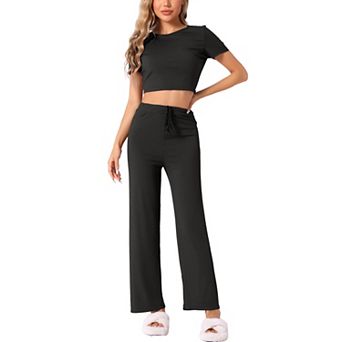 Womens Pajama Ribbed Knit 2 pc Short Sleeve Crop Top with Pants Casual Outfits Lounge Sets