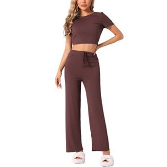 Womens Pajama Ribbed Knit 2 pc Short Sleeve Crop Top with Pants Casual Outfits Lounge Sets