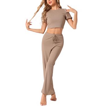 Womens Pajama Ribbed Knit 2 pc Short Sleeve Crop Top with Pants Casual Outfits Lounge Sets