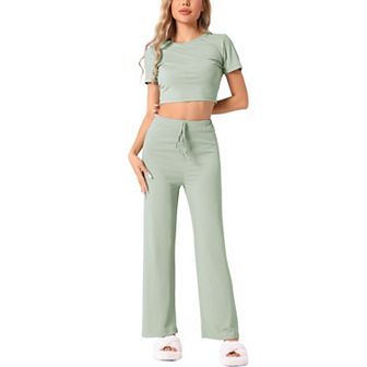 Womens Pajama Ribbed Knit 2 pc Short Sleeve Crop Top with Pants Casual Outfits Lounge Sets