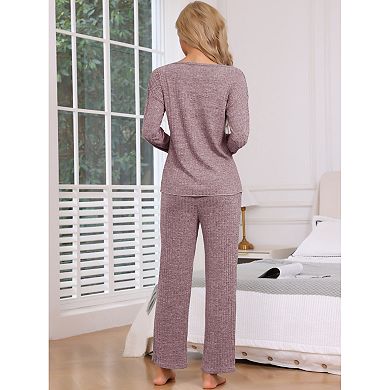 Women's Ribbed Knit Lounge Set Long Sleeve Pants Sleepwear Pajama Set 2 Piece Matching Outfits Set