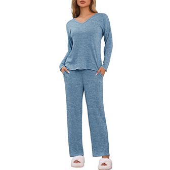 Women's Ribbed Knit Lounge Set Long Sleeve Pants Sleepwear Pajama Set 2 pc Matching Outfits Set