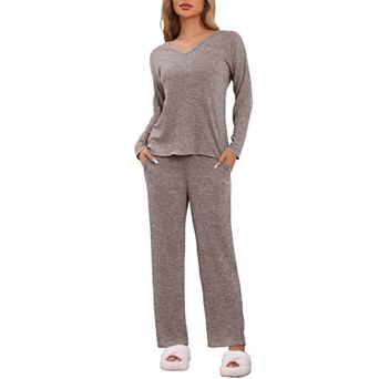 Women's Ribbed Knit Lounge Set Long Sleeve Pants Sleepwear Pajama Set 2 pc Matching Outfits Set