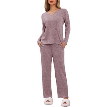 Women's Ribbed Knit Lounge Set Long Sleeve Pants Sleepwear Pajama Set 2 pc Matching Outfits Set