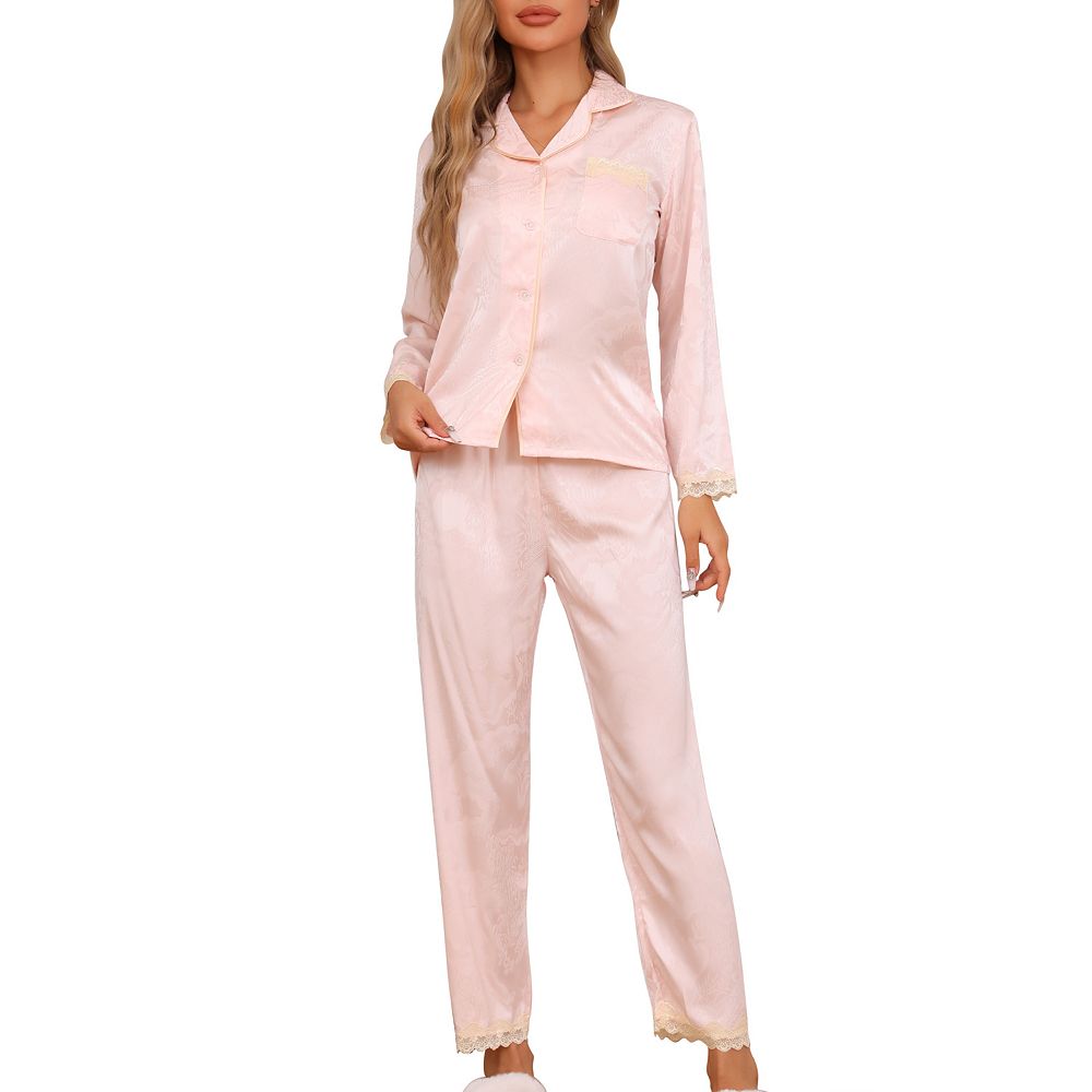 Womens Pajamas Set Long Sleeve Button Down Notched Collar Soft Casual ...