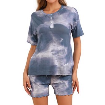 Women's 2 pc Lounge Set Tie Dye Pajama Set Short Sleeve Shirt Button Up Sweatsuit Outfits