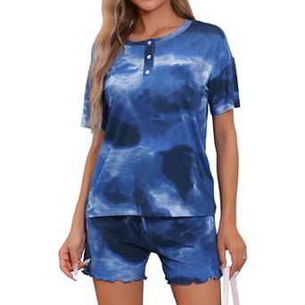 Women's 2 pc Lounge Set Tie Dye Pajama Set Short Sleeve Shirt Button Up Sweatsuit Outfits