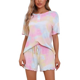 Women's 2 pc Lounge Set Tie Dye Pajama Set Short Sleeve Shirt Button Up Sweatsuit Outfits