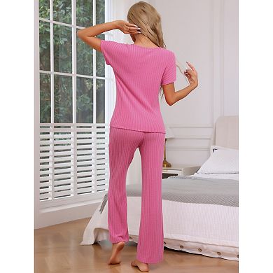 Womens Ribbed Knit Sweatsuit Round Neck 2 Piece Set Loungewear Short Sleeve Tracksuit