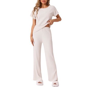 Womens Ribbed Knit Sweatsuit Round Neck 2 pc Set Loungewear Short Sleeve Tracksuit
