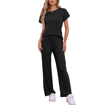 Womens Ribbed Knit Sweatsuit Round Neck 2 pc Set Loungewear Short Sleeve Tracksuit