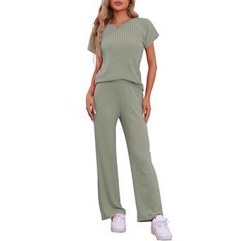 Womens Ribbed Knit Sweatsuit Round Neck 2 pc Set Loungewear Short Sleeve Tracksuit