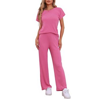 Womens Ribbed Knit Sweatsuit Round Neck 2 pc Set Loungewear Short Sleeve Tracksuit