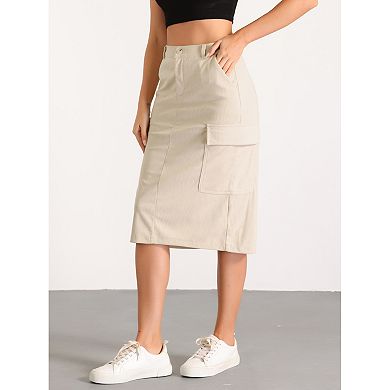 Cargo Skirts for Women's High Waisted Elastic Back Fall Corduroy Midi Skirt