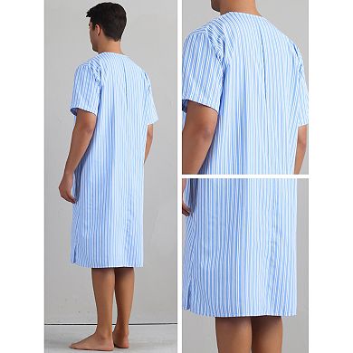 Striped Nightshirts for Men's Short Sleeve Button Down Sleep Shirts V-Neck Stripes Nightgown