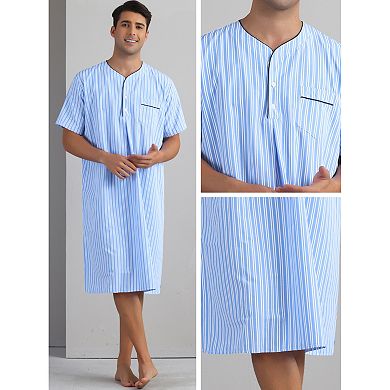 Striped Nightshirts for Men's Short Sleeve Button Down Sleep Shirts V-Neck Stripes Nightgown