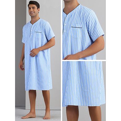 Striped Nightshirts for Men's Short Sleeve Button Down Sleep Shirts V-Neck Stripes Nightgown