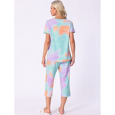 Women Pajama Set Tie Dye Short Sleeve Capri Pants Lounge Sets with Pockets