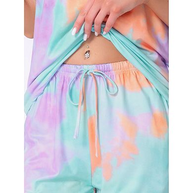 Women Pajama Set Tie Dye Short Sleeve Capri Pants Lounge Sets with Pockets