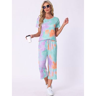 Women Pajama Set Tie Dye Short Sleeve Capri Pants Lounge Sets with Pockets
