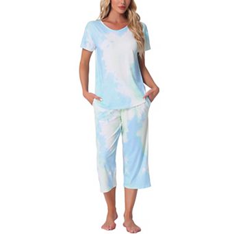 Women Pajama Set Tie Dye Short Sleeve Capri Pants Lounge Sets with Pockets