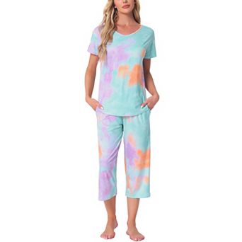 Women Pajama Set Tie Dye Short Sleeve Capri Pants Lounge Sets with Pockets