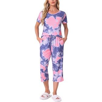 Women Pajama Set Tie Dye Short Sleeve Capri Pants Lounge Sets with Pockets