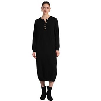 Women's Knit Dress Long Sleeve Buttons Crew Neck Knitted Midi Sweater Dresses