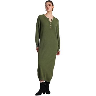 Women's Knit Dress Long Sleeve Buttons Crew Neck Knitted Midi Sweater Dresses