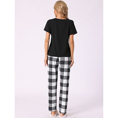 Womens Plaid Loungewear Pajamas Soft Sleepwear Short Sleeve with Pants Pajama Sets