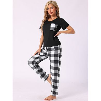 Womens Plaid Loungewear Pajamas Soft Sleepwear Short Sleeve with Pants Pajama Sets