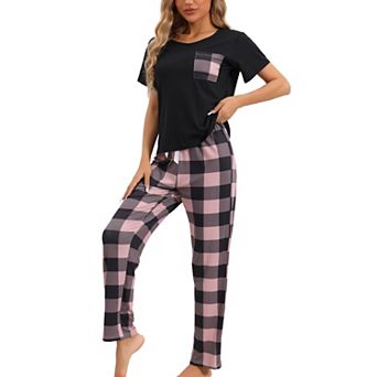 Womens Plaid Loungewear Pajamas Soft Sleepwear Short Sleeve with Pants Pajama Sets