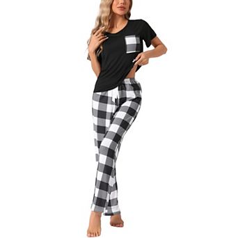 Womens Plaid Loungewear Pajamas Soft Sleepwear Short Sleeve with Pants Pajama Sets