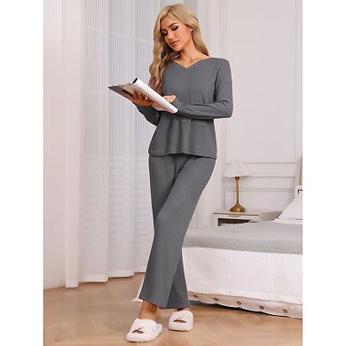 Womens Pajamas Waffle Soft Sweatsuit Long Sleeve V Neck Loungewear Set