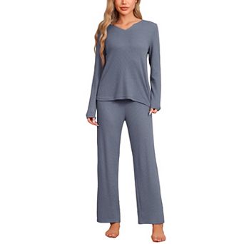 Womens Pajamas Waffle Soft Sweatsuit Long Sleeve V Neck Loungewear Set