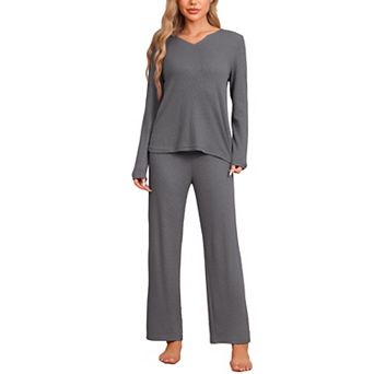 Womens Pajamas Waffle Soft Sweatsuit Long Sleeve V Neck Loungewear Set