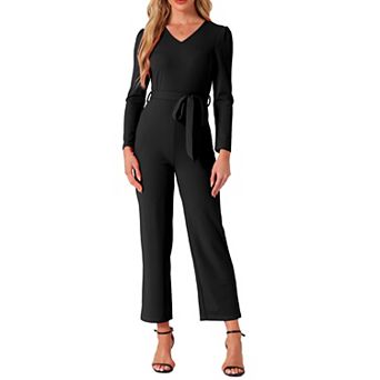 Women's V Neck Jumpsuit Long Sleeve Tie Waist Wide Leg Long Pants Elegant Knit Jumpsuits