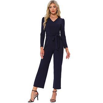 Women's V Neck Jumpsuit Long Sleeve Tie Waist Wide Leg Long Pants Elegant Knit Jumpsuits