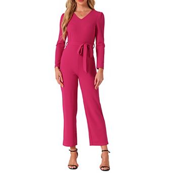 Women's V Neck Jumpsuit Long Sleeve Tie Waist Wide Leg Long Pants Elegant Knit Jumpsuits