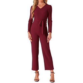 Women's V Neck Jumpsuit Long Sleeve Tie Waist Wide Leg Long Pants Elegant Knit Jumpsuits