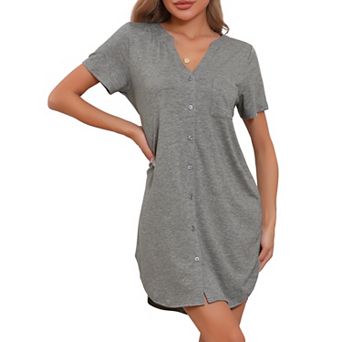 Womens Nightgowns V-Neck Nightshirt Button Up Sleepwear Short Sleeve Pajamas Sleep Dress