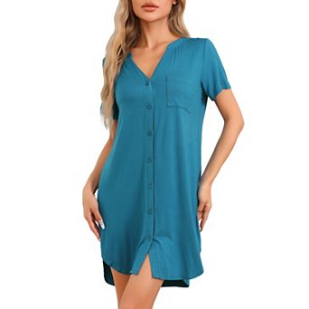 Womens Nightgowns V-Neck Nightshirt Button Up Sleepwear Short Sleeve Pajamas Sleep Dress