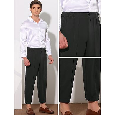 Cropped Dress Pants for Men's Pleated Front Elastic Waist Ankle Length Tapered Pants