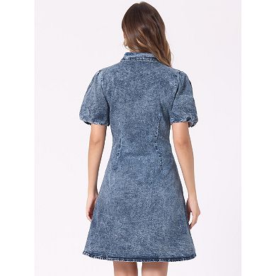 Women's Denim Puffy Sleeve Dress Short Sleeve Collared Button Down A-Line Casual Jean Dresses