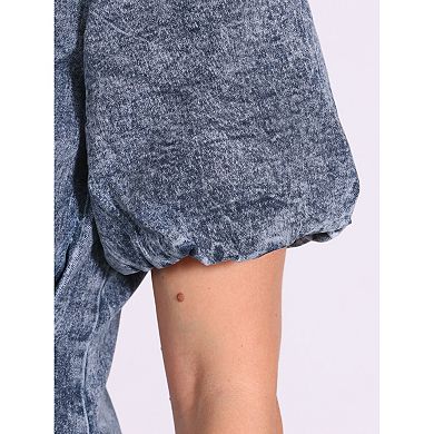 Women's Denim Puffy Sleeve Dress Short Sleeve Collared Button Down A-Line Casual Jean Dresses