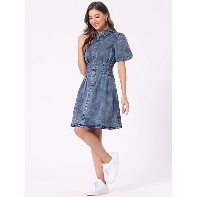 Women's Denim Puffy Sleeve Dress Short Sleeve Collared Button Down A-Line Casual Jean Dresses