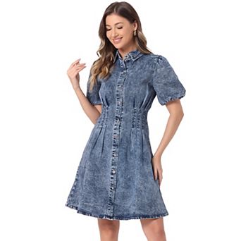 Women's Denim Puffy Sleeve Dress Short Sleeve Collared Button Down A-Line Casual Jean Dresses